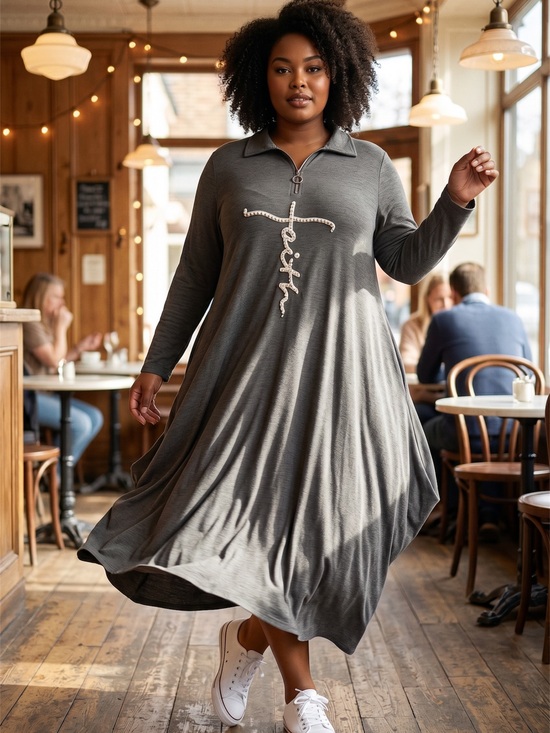 Dresses & Skirts - Gray Long Sleeve Faith Athleisure Dress with Beaded Accents
